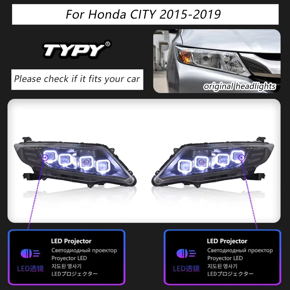 TYPY Car Light for Honda CITY 2015-2019 Headlight LED Projetor Head Lamp Daytime Running Light Automotive Accessories