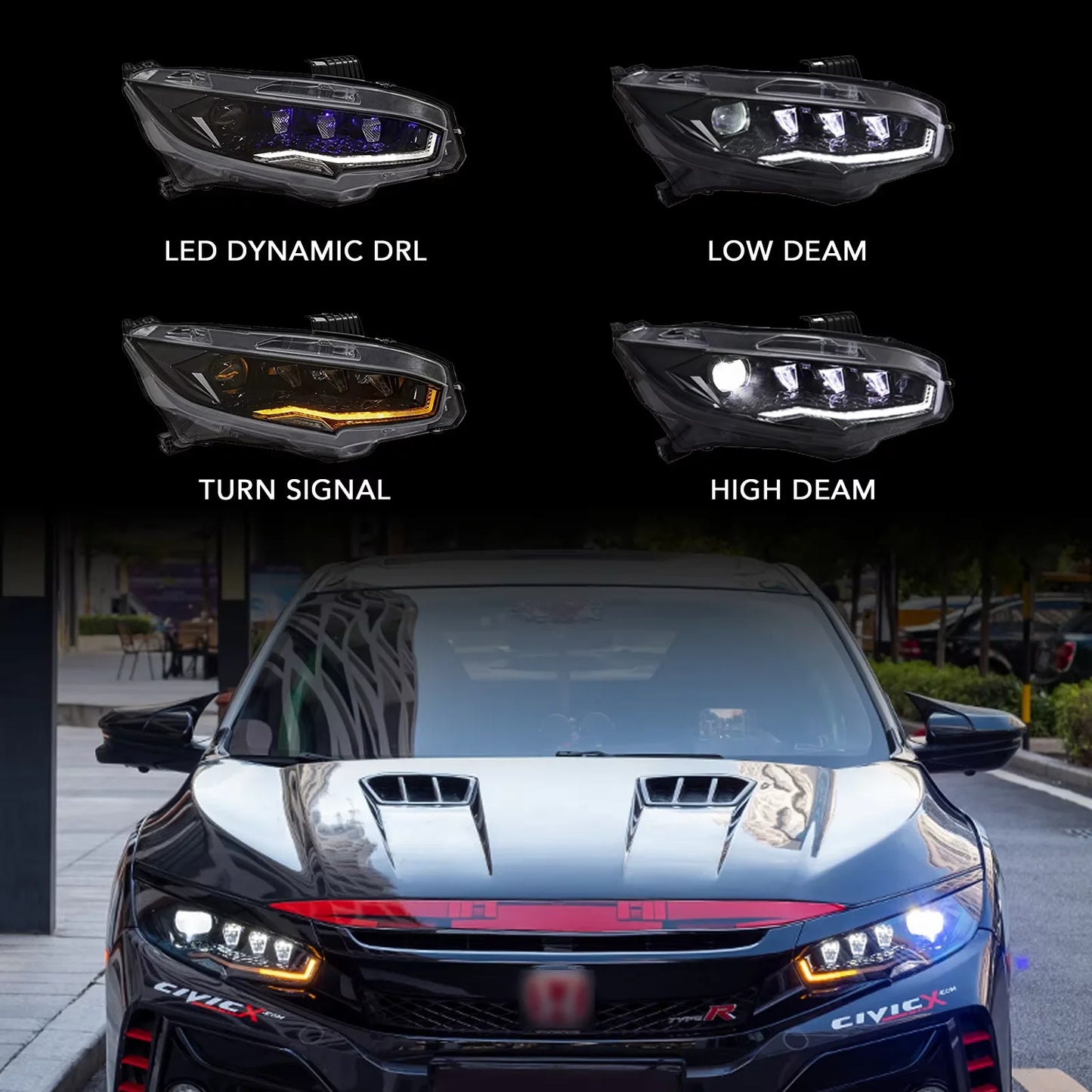 Phare avant  Car LED Light Headlight Assembly for Honda Civic 10th Gen Hatchback DRL Dynamic Rotation Sequential Turn Signal 2016-2021