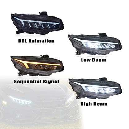 Phare Feu avant for Honda for Civic 2016-2021 Car Headlights Assembly 10th Gen LED Front Lamps DRL Start Animation 6000k Color Tempera